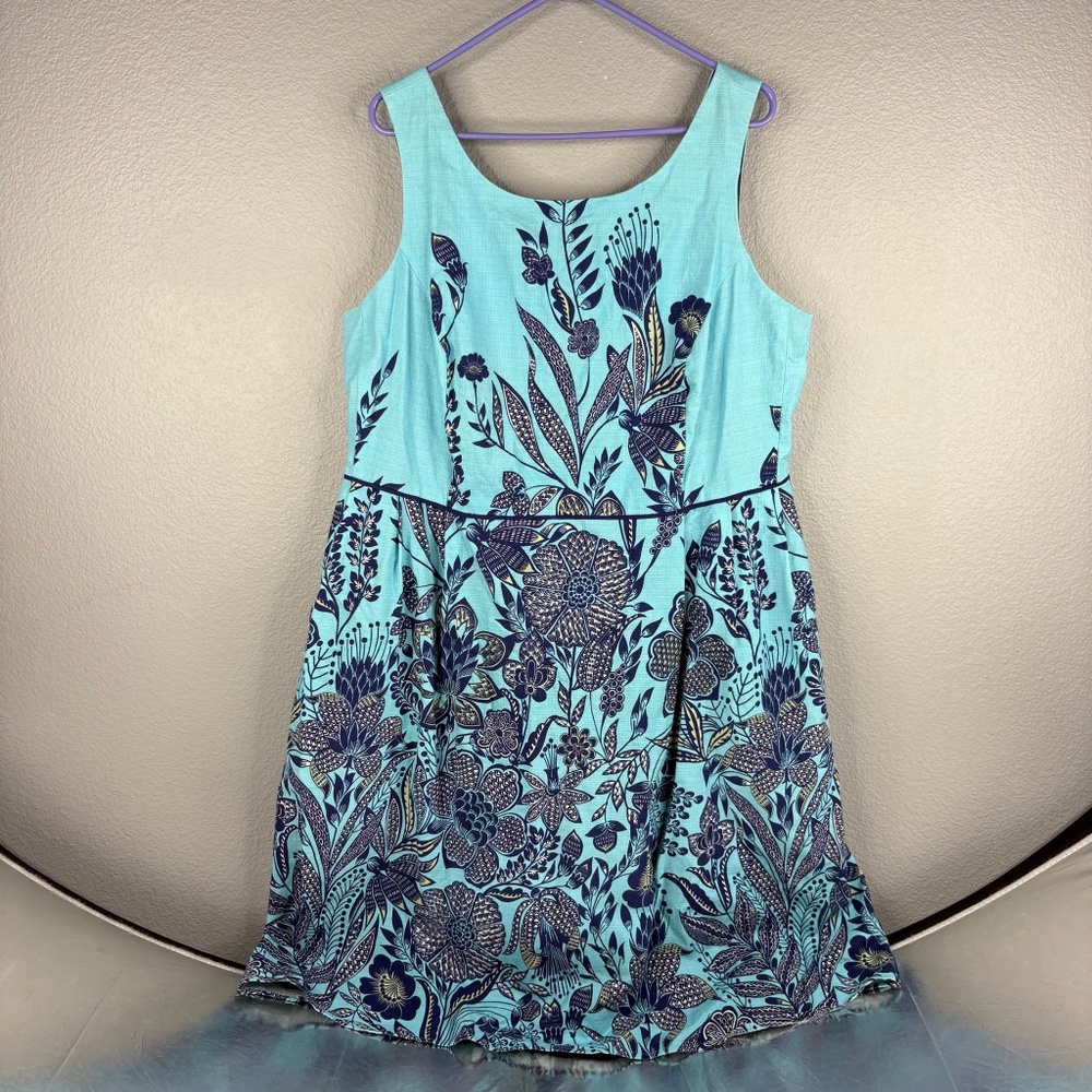 Lands' End Aqua and Navy Floral Midi Dress